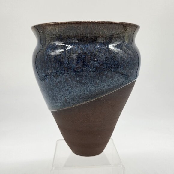 Handcrafted Two-Tone Ceramic Vase With Blue Textured Glaze & Brown Matte Finish - Picture 7 of 10